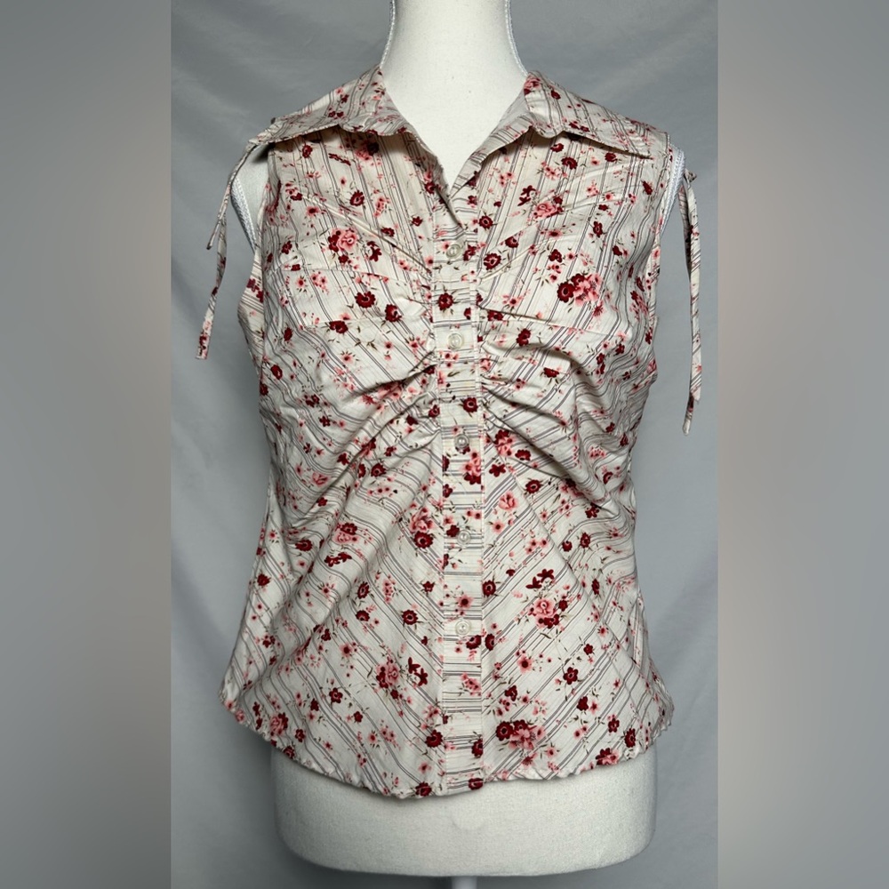 725 ORIGINAL Vintage Floral Cinch Bow Cottagecore Collared Sleeveless Top Size L